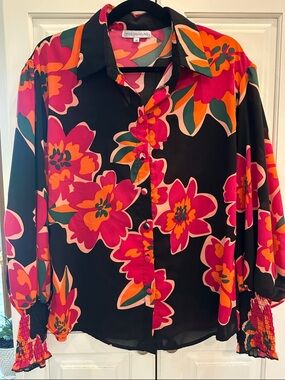Black Floral Button-Up Blouse - Pink & Orange